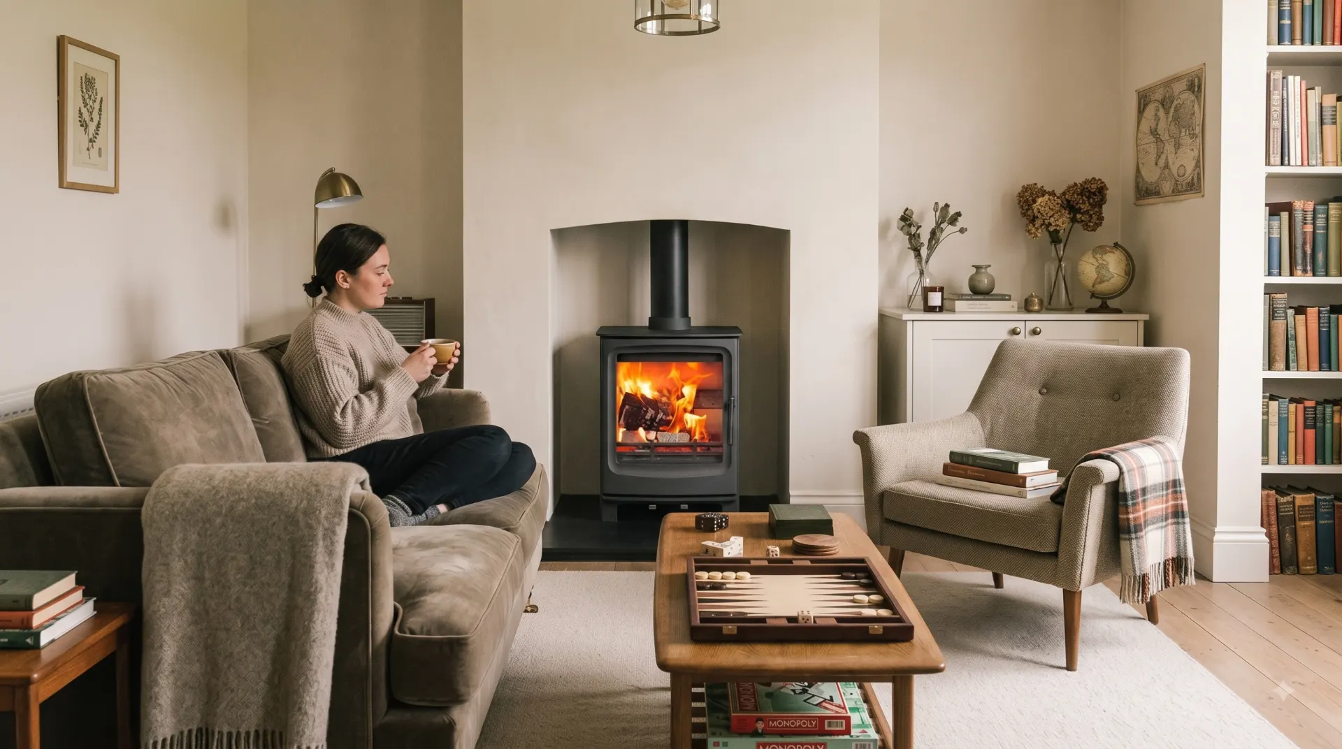 Lit wood burning stove in a North East living room